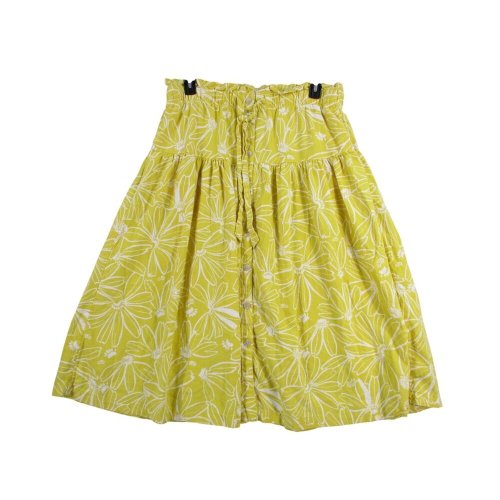 Universal Thread Yellow Floral‎ Midi Skirt Womens L Linen Blend Button Front